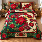 Poinsettia Spiral Wreath quilted 3-piece bedding set on a made bed in a winter-styled bedroom