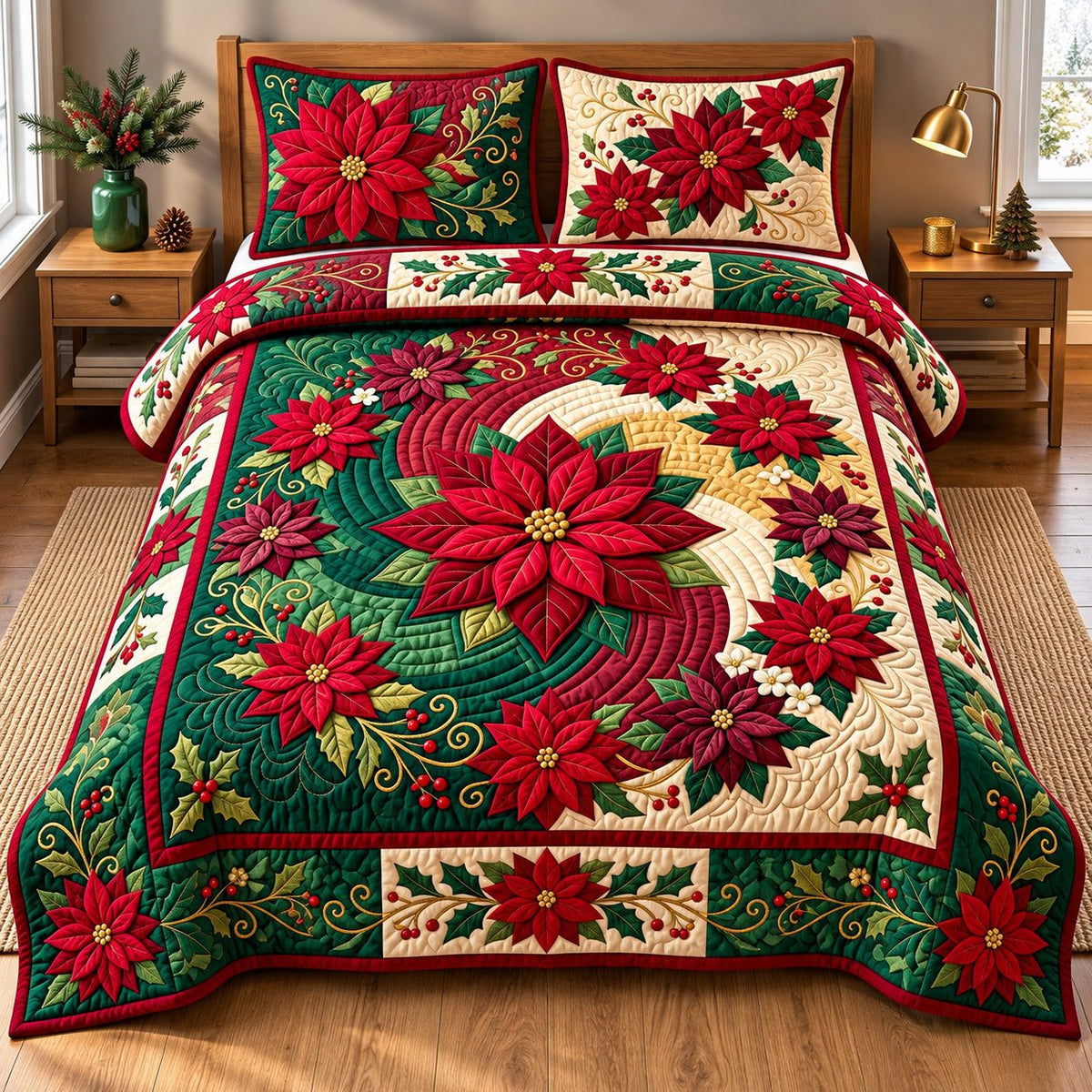 Poinsettia Spiral Wreath quilted 3-piece bedding set on a made bed in a winter-styled bedroom