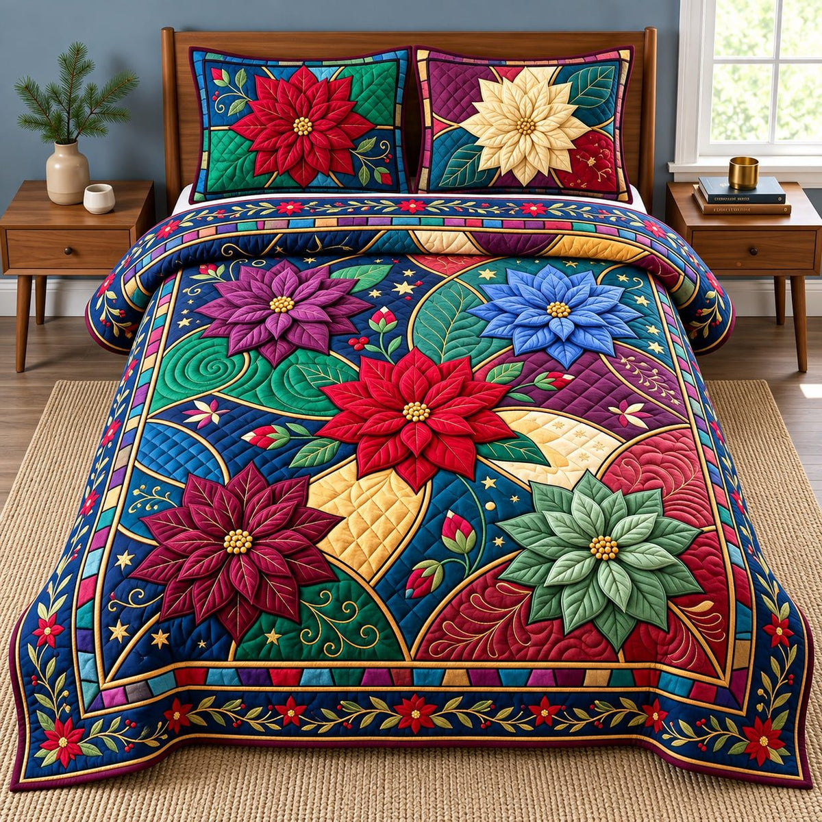 Poinsettia Stained Glass quilted 3-piece bedding set on a made bed in a winter-styled bedroom