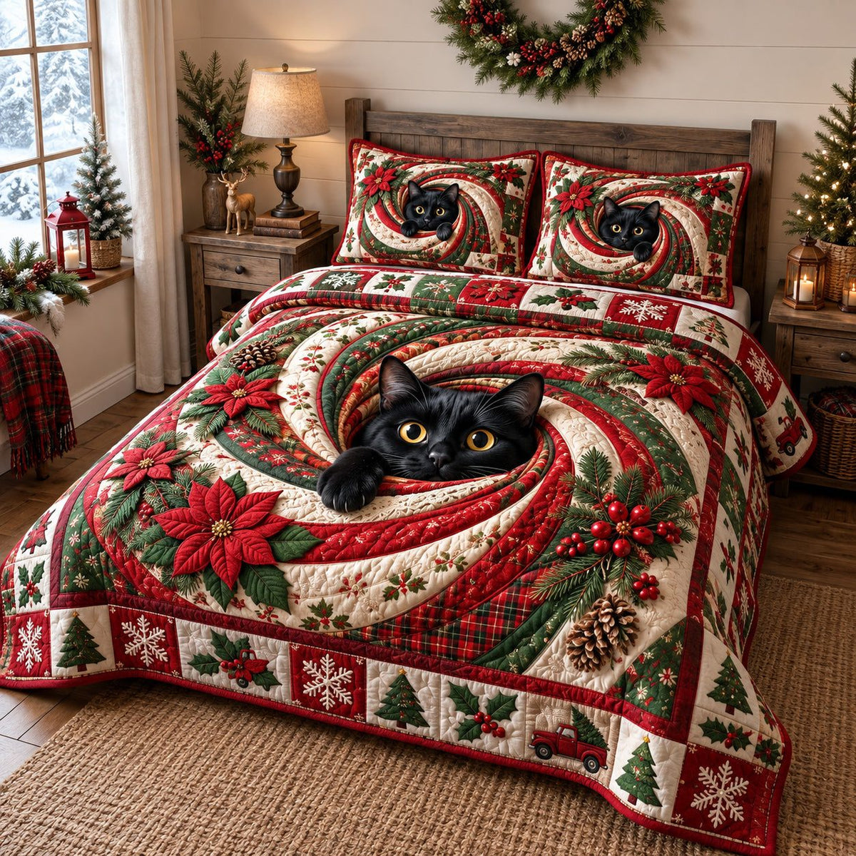 Poinsettia Swirl Black Cat quilted 3-piece bedding set on a made bed in a winter-styled bedroom