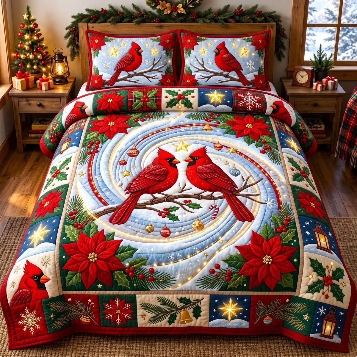 Poinsettia Swirl Red Cardinal quilted 3-piece bedding set on a made bed in a winter-styled bedroom