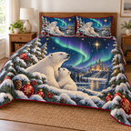 Polar Bear Aurora Castle printed Christmas quilt and two matching pillow shams; design mockup showing a flat printed depth effect.
