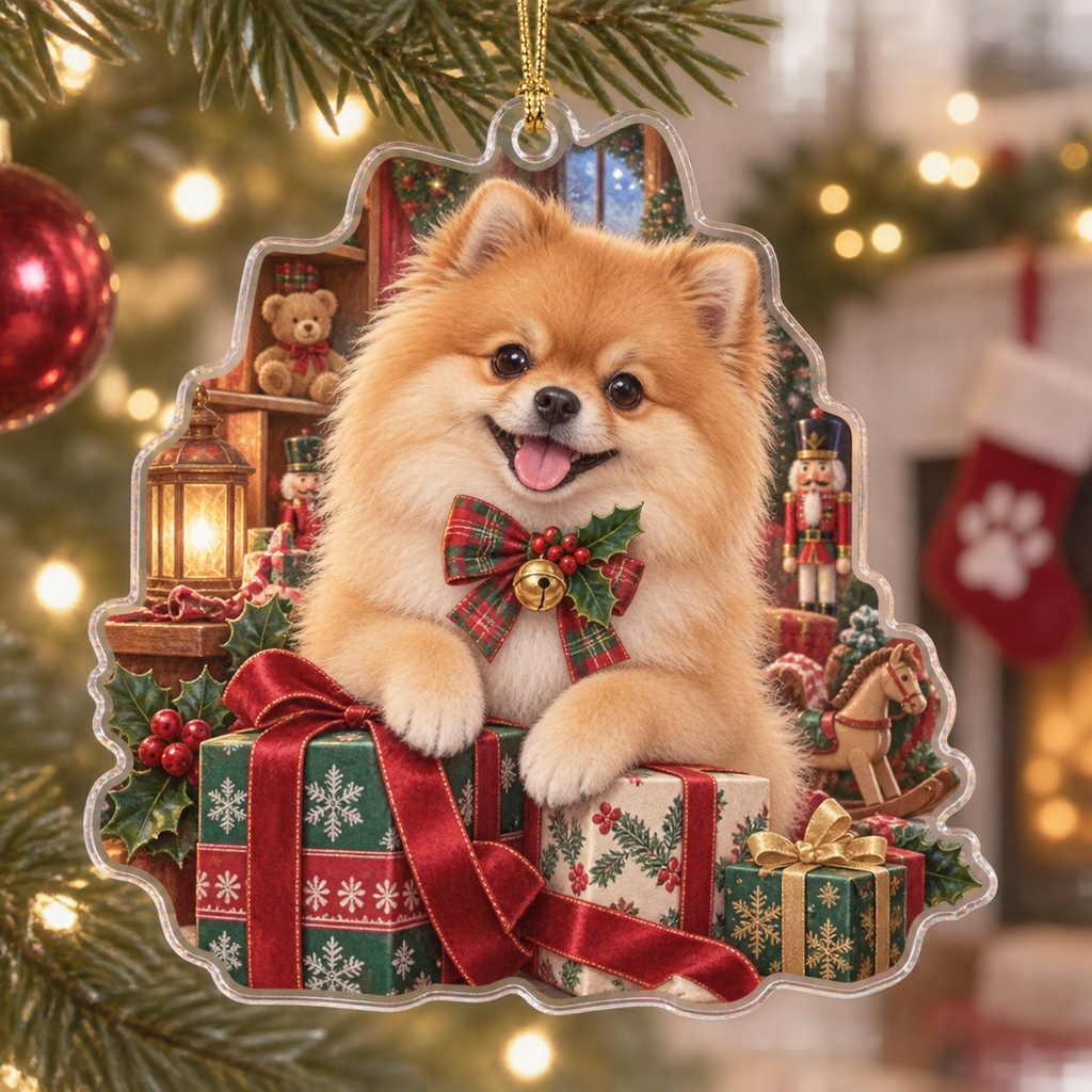 Pomeranian Acrylic Christmas Ornament — digital product visualization