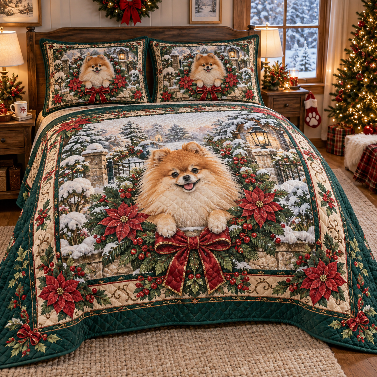 Pomeranian Christmas 3-Piece Quilted Bedding Set — digital product visualization
