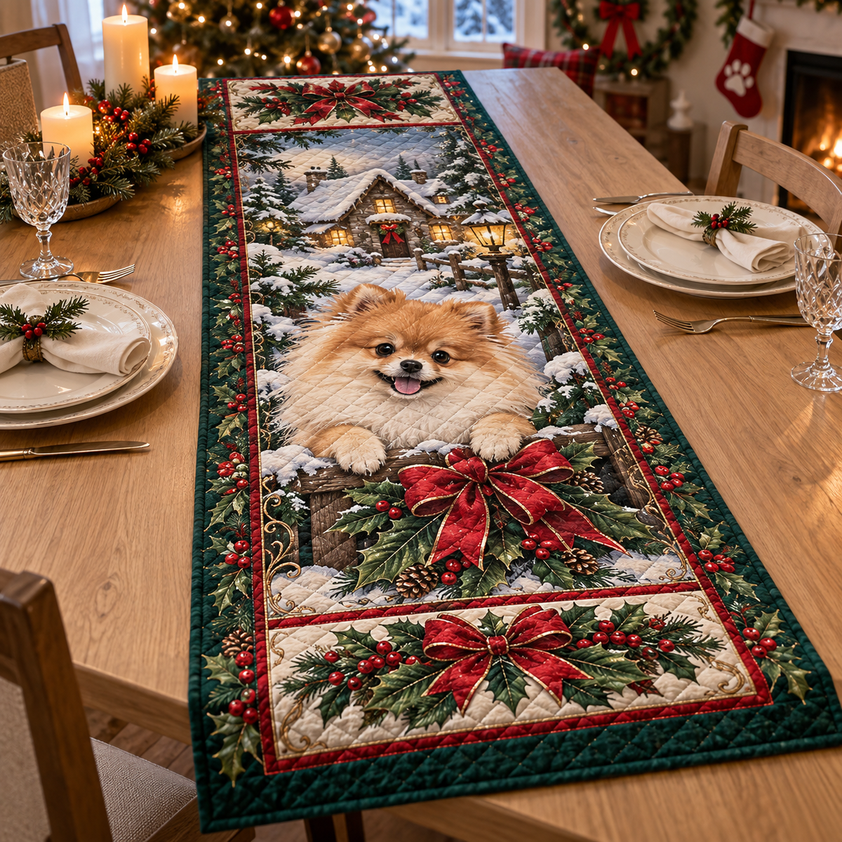 Pomeranian Christmas Quilted Table Runner — digital product visualization