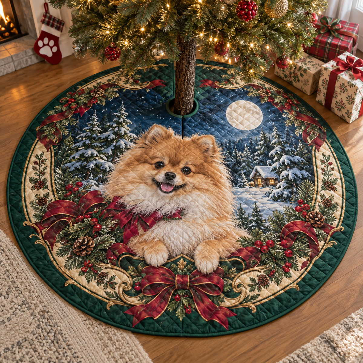 Pomeranian Quilted Christmas Tree Skirt — digital product visualization