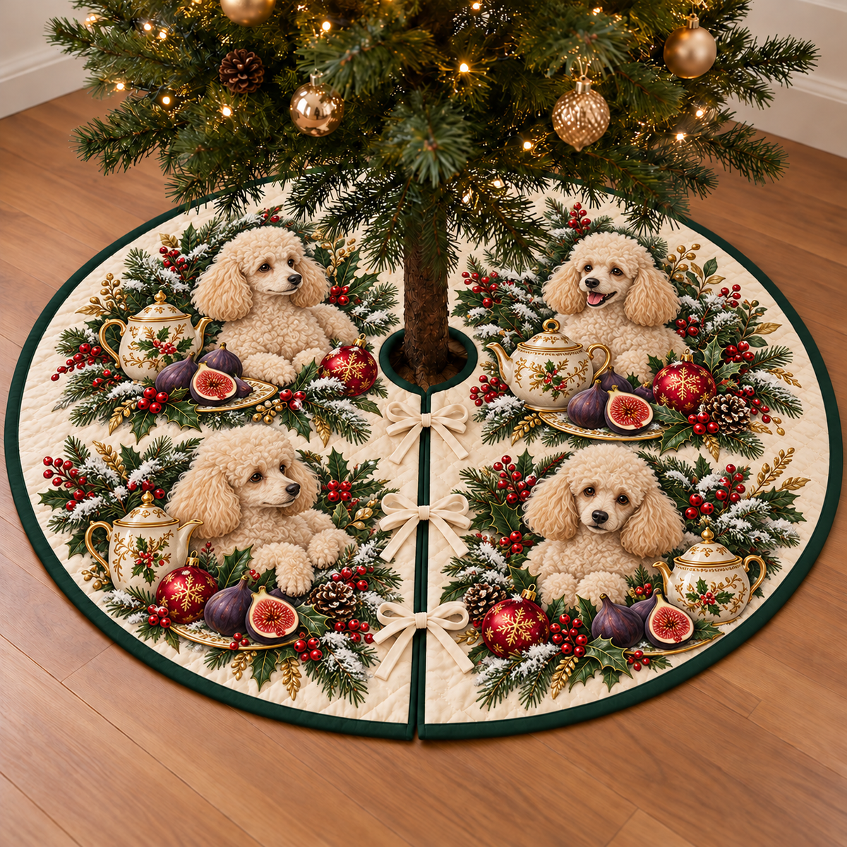 Poodle Fig Toy Teapot printed Christmas circular tree skirt; design mockup showing a flat printed depth effect.