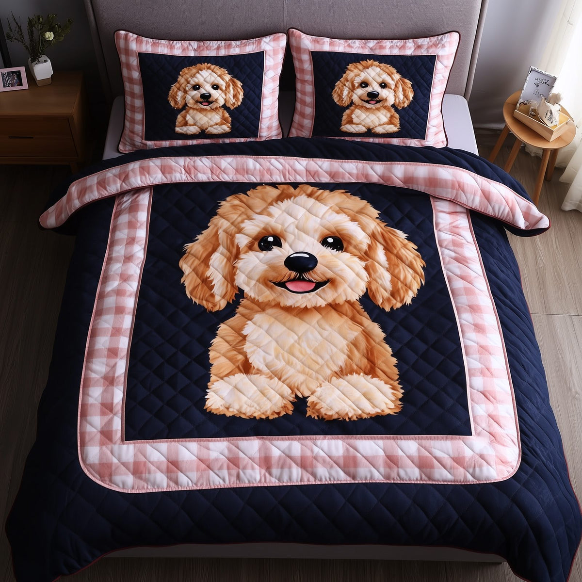 Poodle Puppy Navy quilted 3-piece bedding set on a made bed in a warmly lit bedroom