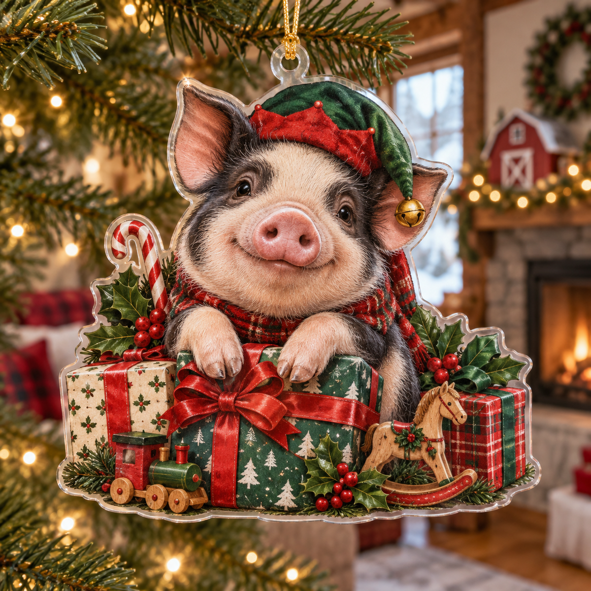 Potbelly Pig Acrylic Christmas Ornament — digital product visualization