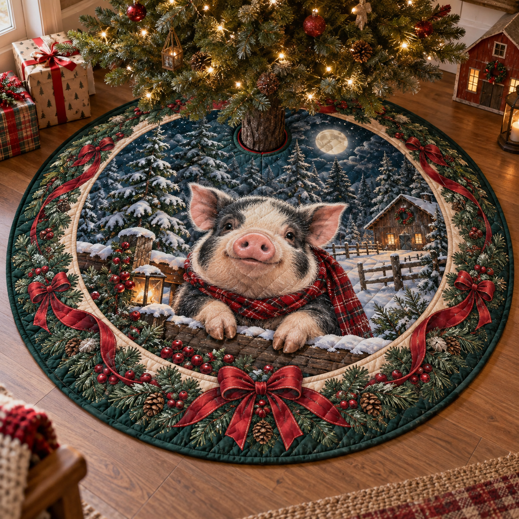 Potbelly Pig Quilted Christmas Tree Skirt — digital product visualization