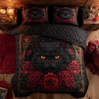 Powerful Cat Red Roses quilted 3-piece bedding set on a made bed with two matching pillow shams