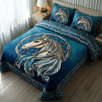 Prairie Horse Feathers Blue quilted 3-piece bedding set on a made bed in a rustic timber bedroom