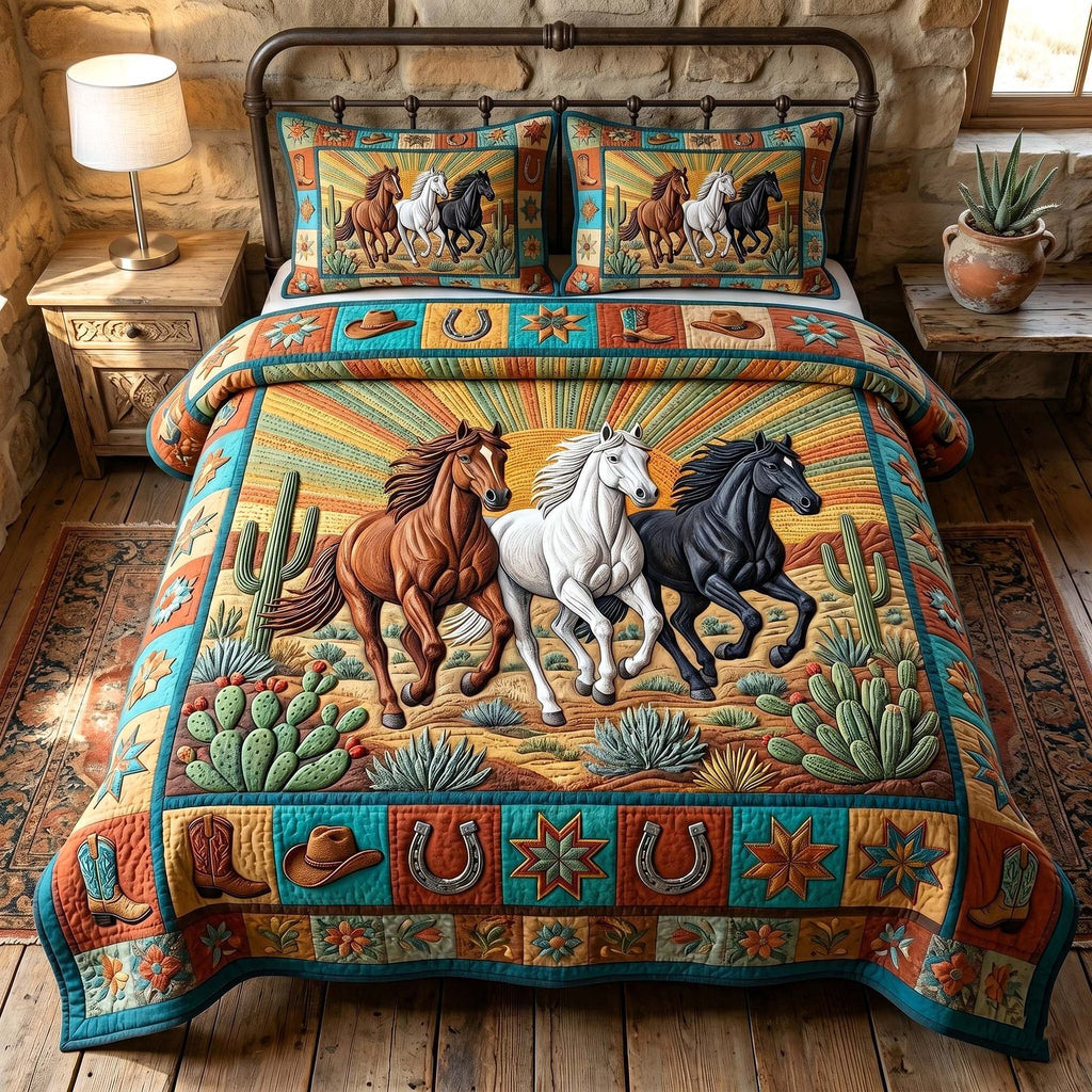 Prairie Horse Herd Cactus quilted 3-piece bedding set on a made bed in a rustic timber bedroom