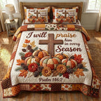 Praise Him Pumpkin Season quilted 3-piece bedding set on a made bed against a dark styled interior