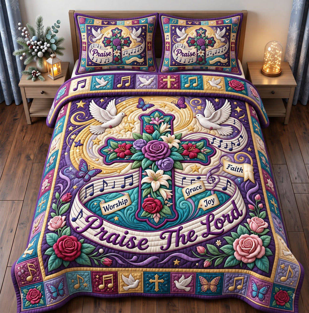 Praise The Lord Floral Cross quilted 3-piece bedding set on a made bed in a softly lit bedroom