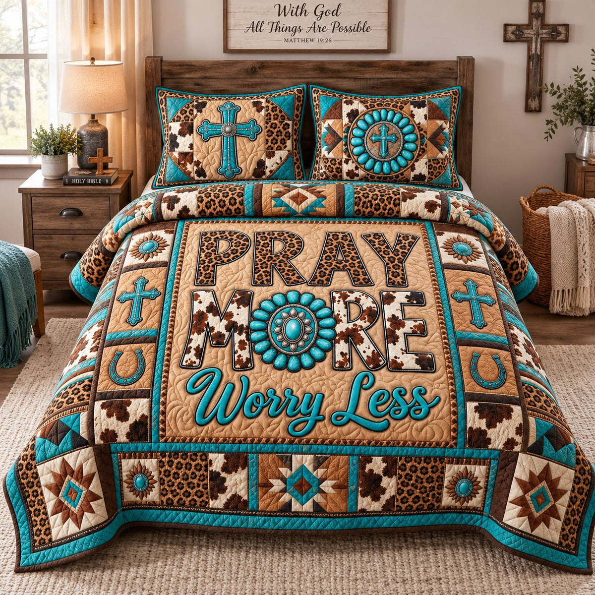 Pray More Worry Less quilted 3-piece bedding set on a made bed in a softly lit bedroom