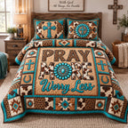 Pray More Worry Less quilted 3-piece bedding set on a made bed in a softly lit bedroom