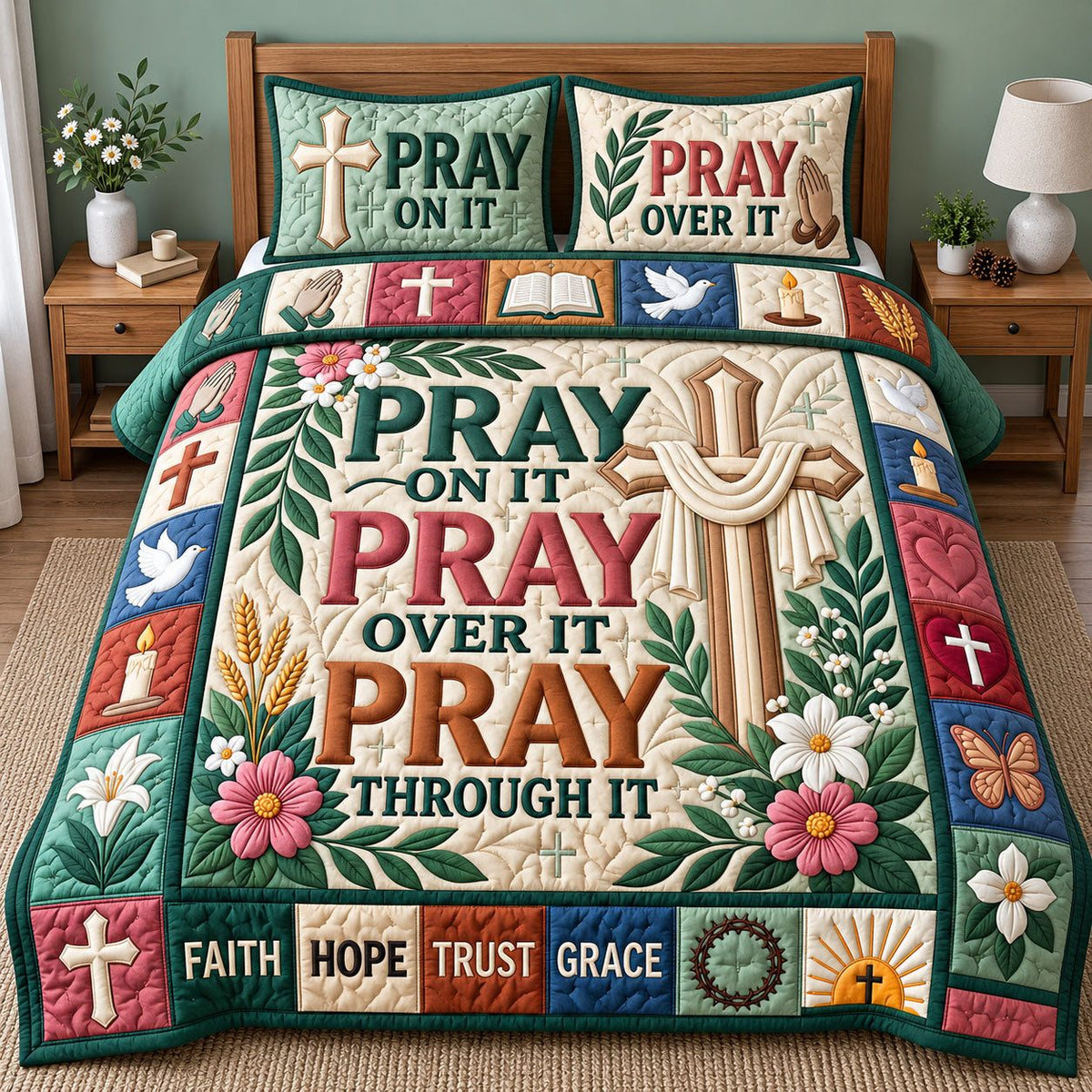 Pray On It quilted 3-piece bedding set on a made bed in a softly lit bedroom