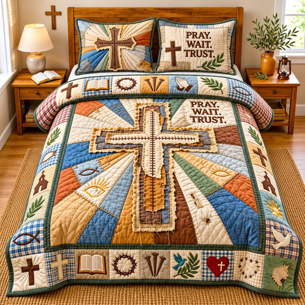 Pray Wait Trust quilted 3-piece bedding set on a made bed in a softly lit bedroom
