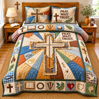 Pray Wait Trust quilted 3-piece bedding set on a made bed in a softly lit bedroom