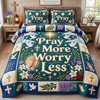 Praying Hands Pray More Worry Less quilted 3-piece bedding set on a made bed in a softly lit bedroom