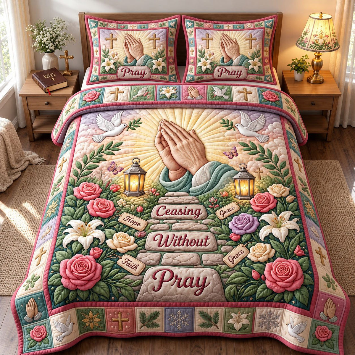 Praying Hands Without Ceasing quilted 3-piece bedding set on a made bed in a softly lit bedroom