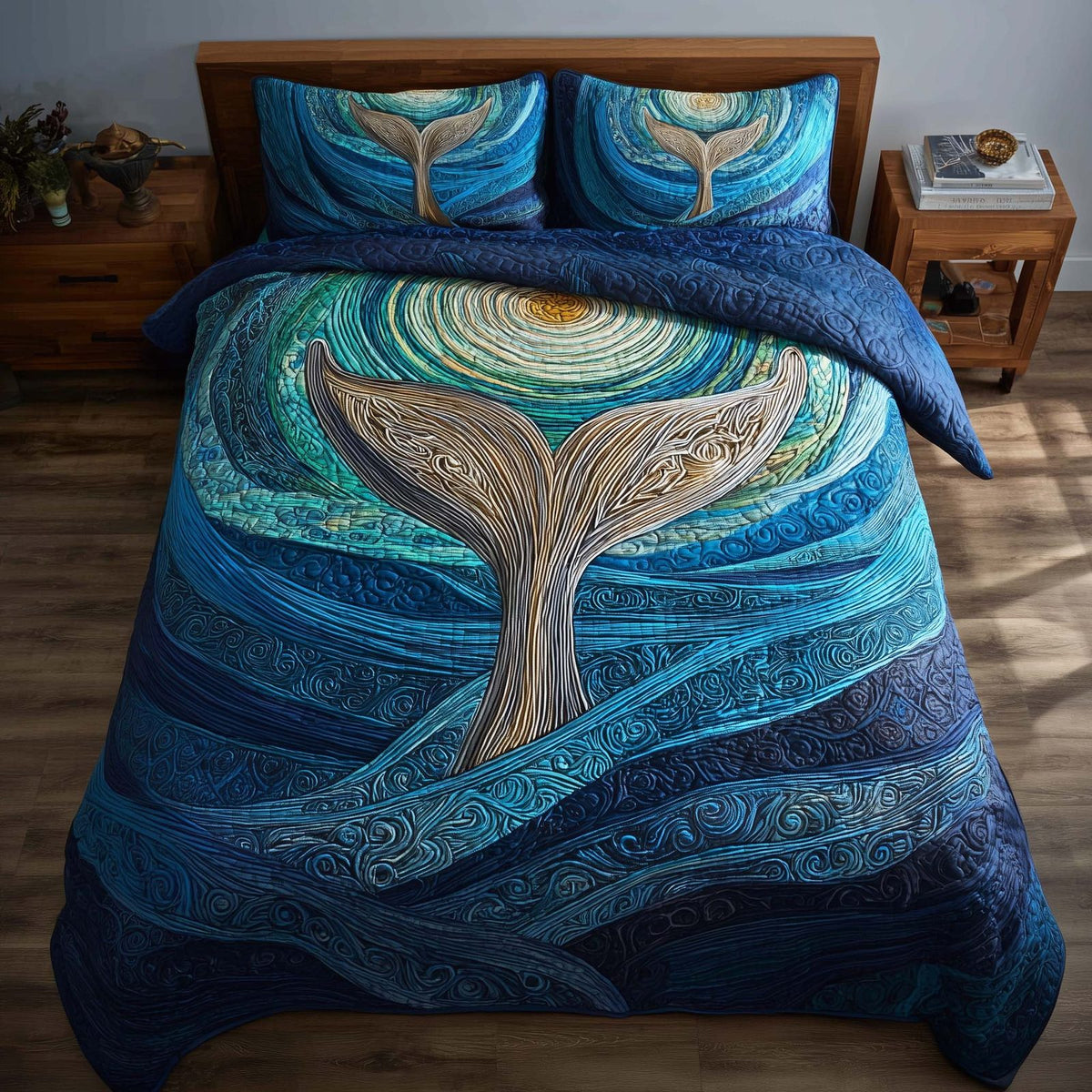 Prism Whale Tail quilted 3-piece bedding set on a made bed in a light coastal bedroom