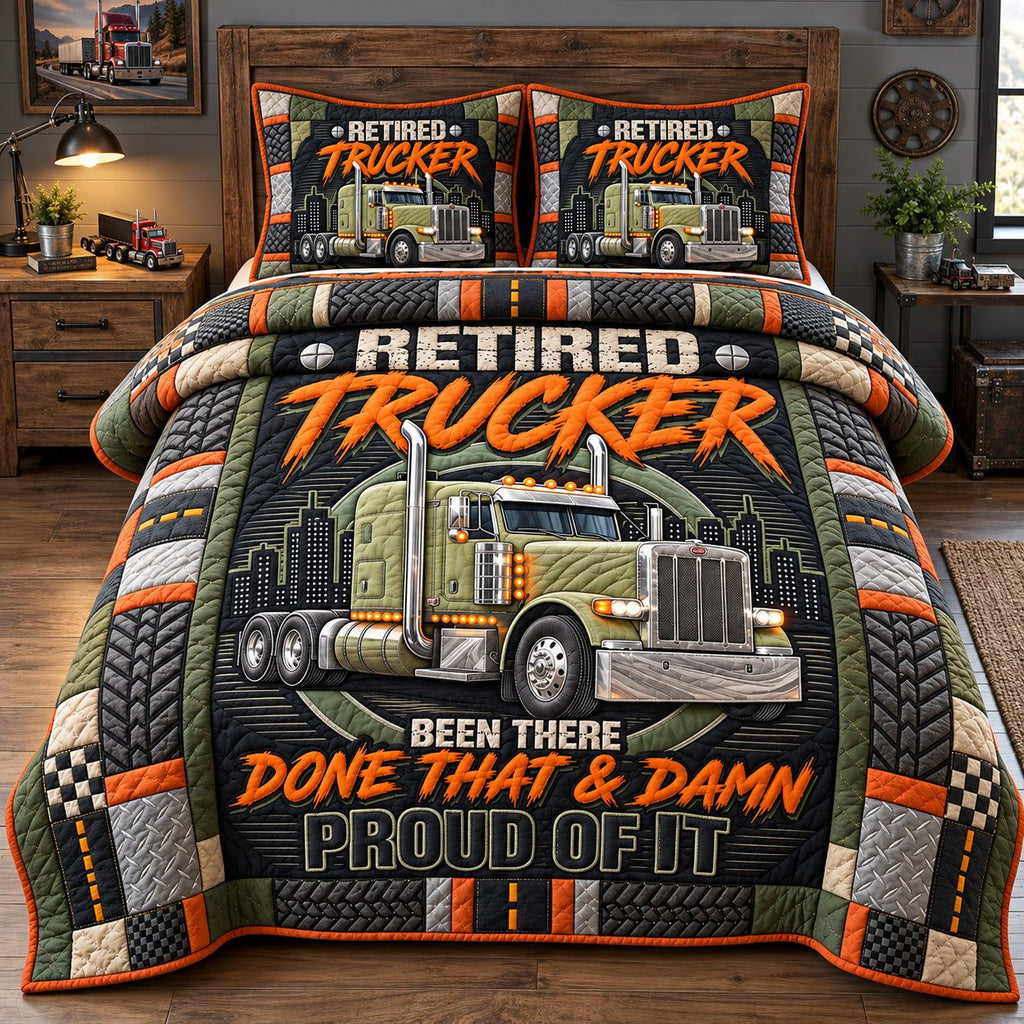 Proud Retired Trucker quilted 3-piece bedding set on a made bed with two matching pillow shams