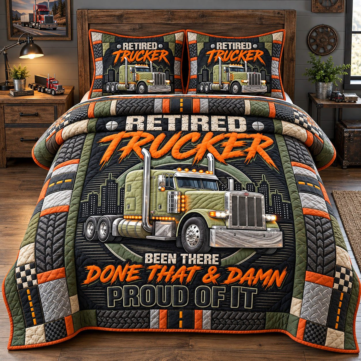 Proud Retired Trucker quilted 3-piece bedding set on a made bed with two matching pillow shams