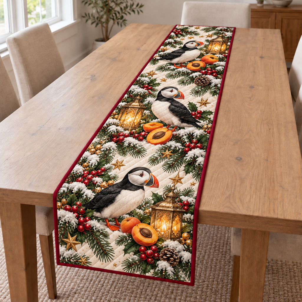 Puffin Apricot Toy Lantern printed Christmas quilted table runner; design mockup showing a flat printed depth effect.