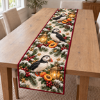 Puffin Apricot Toy Lantern printed Christmas quilted table runner; design mockup showing a flat printed depth effect.