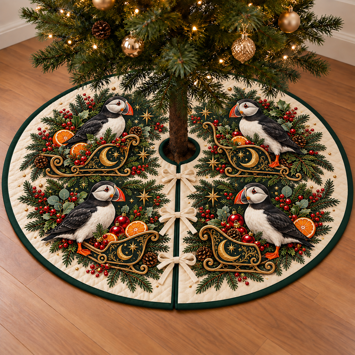 Puffin Clementine Celestial Sleigh printed Christmas circular tree skirt; design mockup showing a flat printed depth effect.