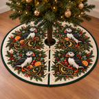 Puffin Clementine Celestial Sleigh printed Christmas circular tree skirt; design mockup showing a flat printed depth effect.
