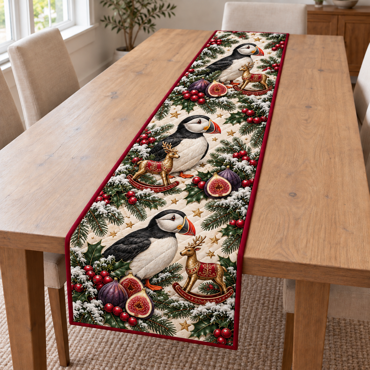 Puffin Fig Rocking Reindeer printed Christmas quilted table runner; design mockup showing a flat printed depth effect.