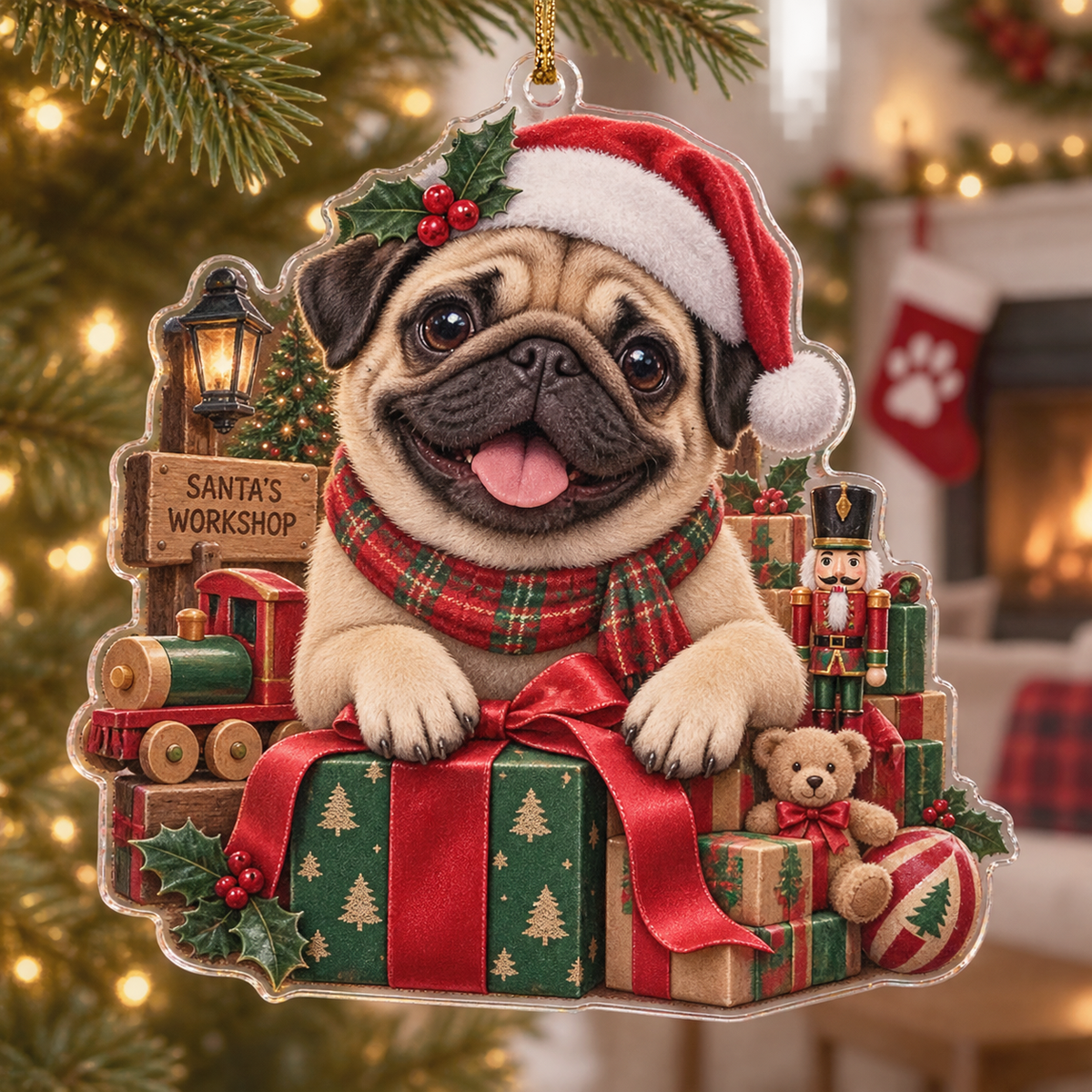 Pug Acrylic Christmas Ornament — digital product visualization