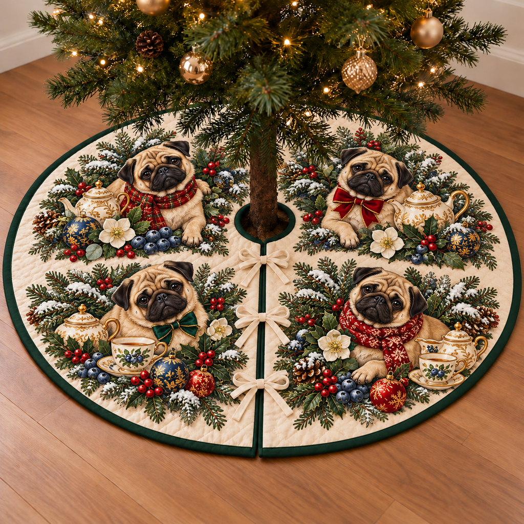 Pug Blueberry Toy Teapot printed Christmas circular tree skirt; design mockup showing a flat printed depth effect.
