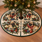 Pug Blueberry Toy Teapot printed Christmas circular tree skirt; design mockup showing a flat printed depth effect.