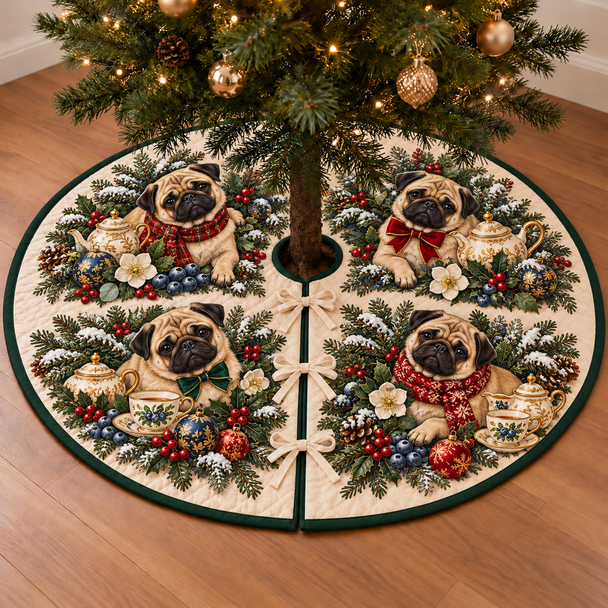 Pug Blueberry Toy Teapot printed Christmas circular tree skirt; design mockup showing a flat printed depth effect.