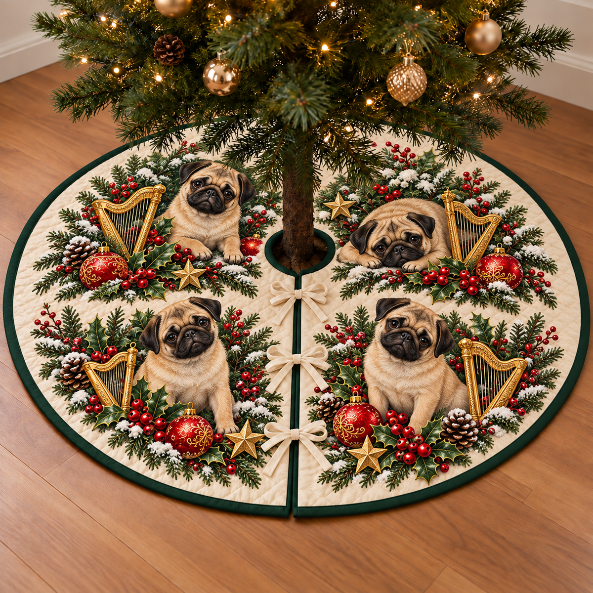 Pug Cranberry Toy Harp printed Christmas circular tree skirt; design mockup showing a flat printed depth effect.