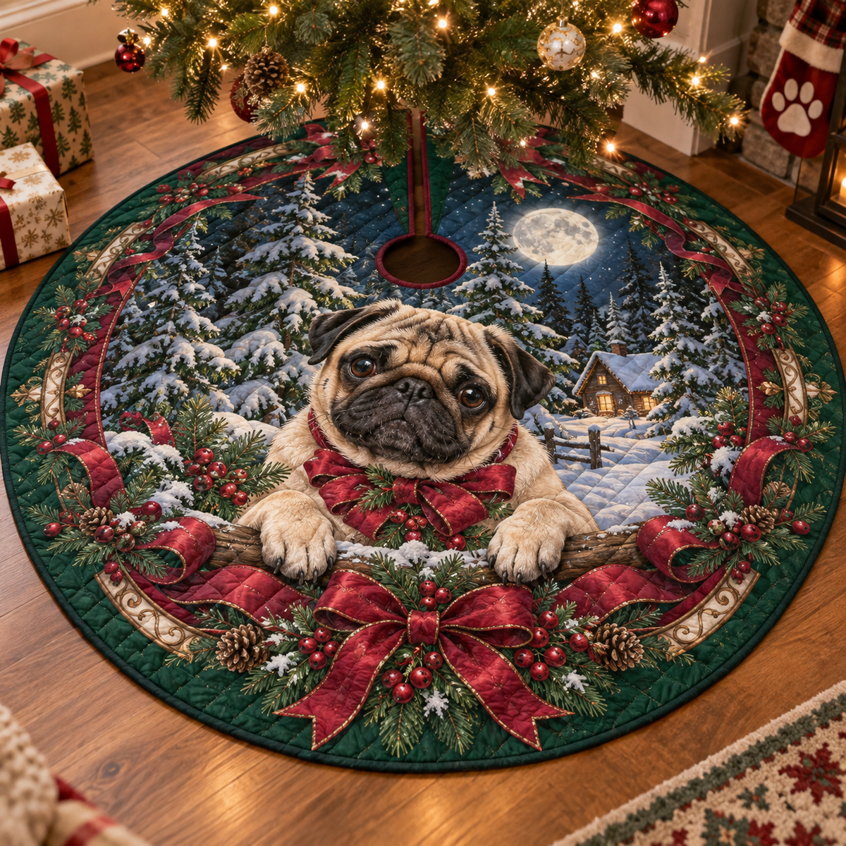 Pug Quilted Christmas Tree Skirt — digital product visualization