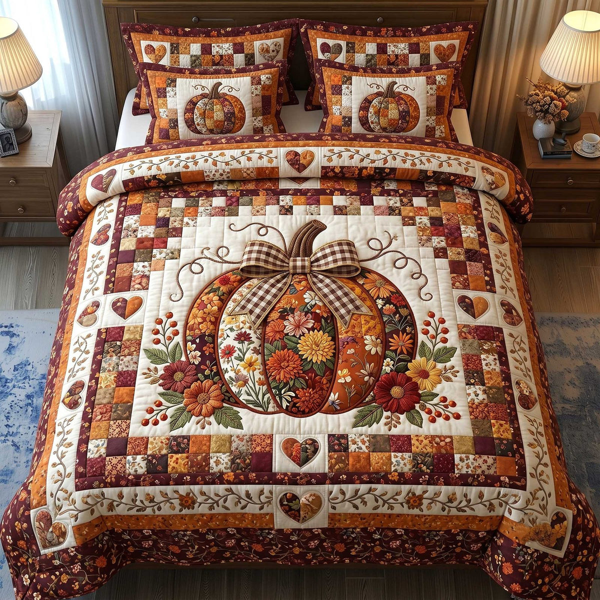 Pumpkin Blossoms Patchwork Brown quilted 3-piece bedding set on a made bed against a dark styled interior