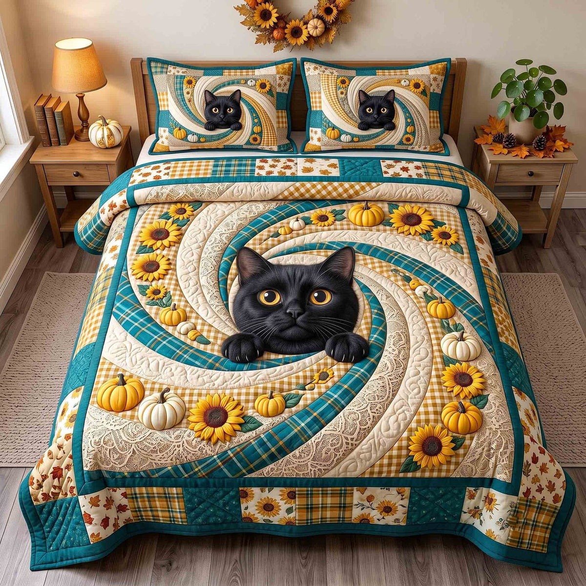 Pumpkin Cat Whimsy Curl quilted 3-piece bedding set on a made bed against a dark styled interior