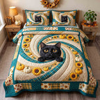 Pumpkin Cat Whimsy Curl quilted 3-piece bedding set on a made bed against a dark styled interior