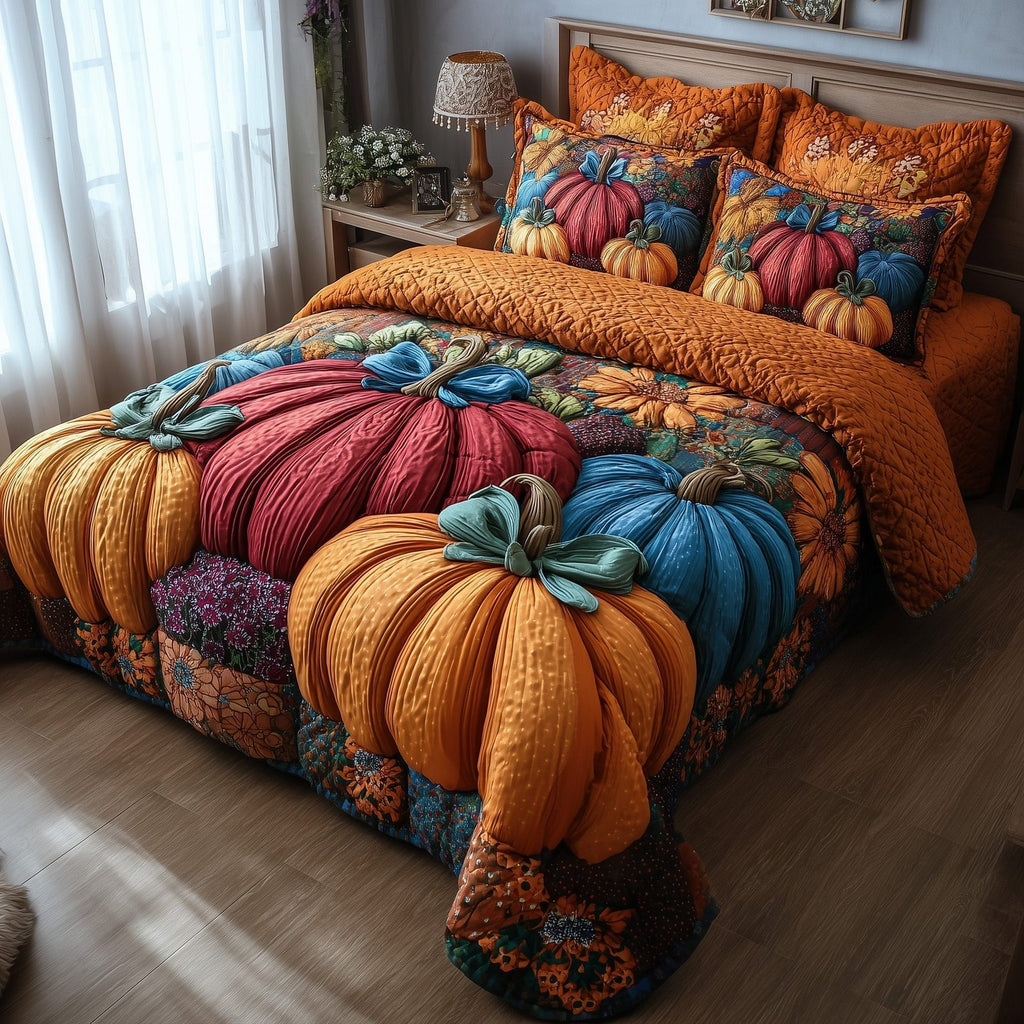 Pumpkin Charm Colorful quilted 3-piece bedding set on a made bed against a dark styled interior