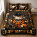 Pumpkin Checker Bow quilted 3-piece bedding set on a made bed against a dark styled interior