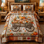 Pumpkin Harvest Wagon quilted 3-piece bedding set on a made bed against a dark styled interior