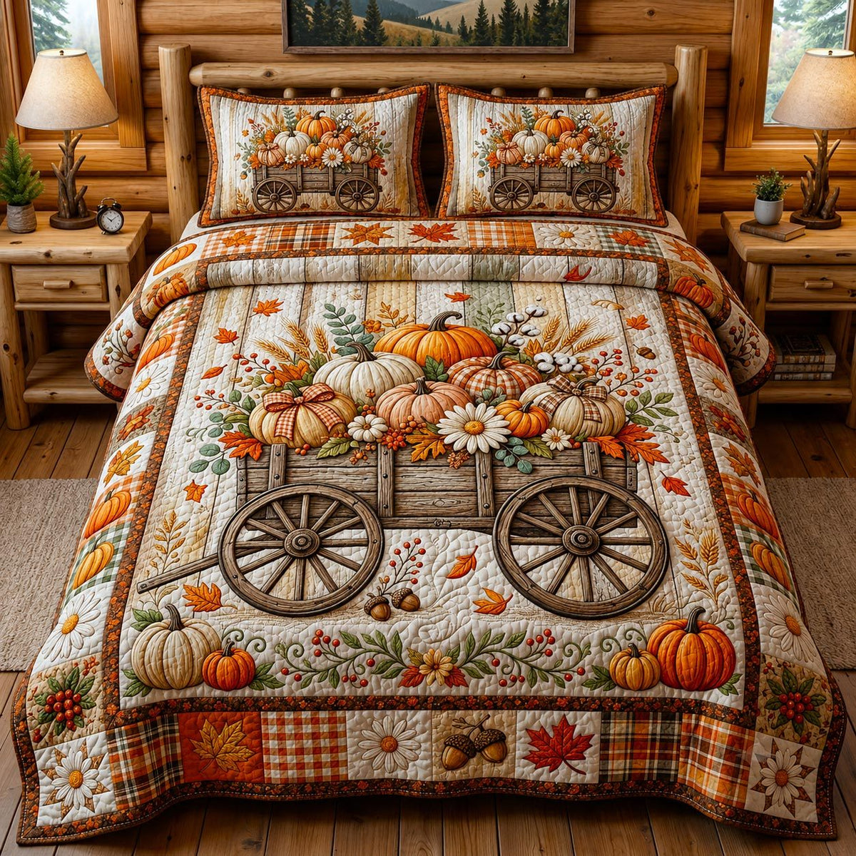Pumpkin Harvest Wagon quilted 3-piece bedding set on a made bed against a dark styled interior