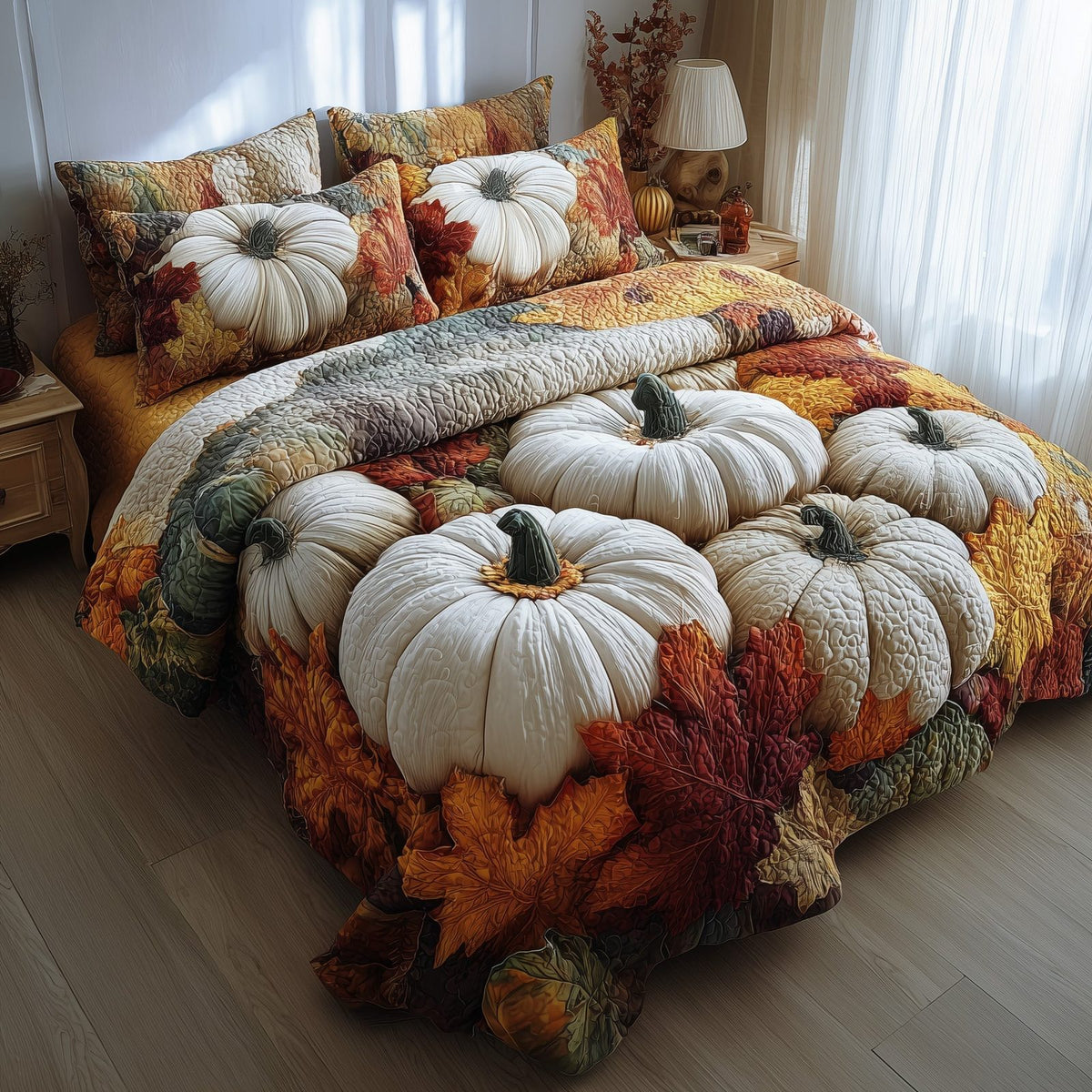 Pumpkin Haven Pale quilted 3-piece bedding set on a made bed against a dark styled interior