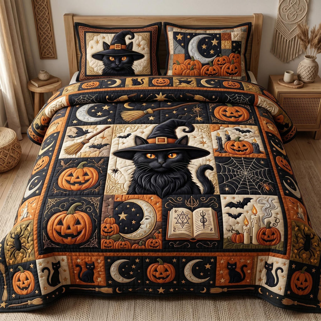 Pumpkin Magic quilted 3-piece bedding set on a made bed against a dark styled interior