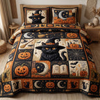 Pumpkin Magic quilted 3-piece bedding set on a made bed against a dark styled interior